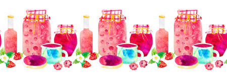 Hand-painted watercolor summer berries and homemade products seamless ornament line border. Jar of jelly, cranberry stew compote, sandwich with jam, cup of juice or tea, and fruit drink bottle.の写真素材