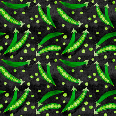 Hand-drawn watercolor papercut green peas seamless pattern. Bright cute kawaii kidcore style illustration, good for farmers market, supermarket products design, stickers or postcardsの写真素材