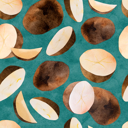Hand-drawn watercolor papercut potato seamless pattern. Bright cute kawaii kidcore style illustration, good for farmers market, supermarket products design, stickers or postcards.の写真素材