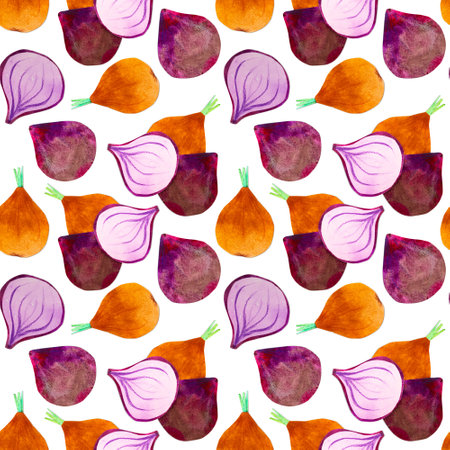 Hand-drawn watercolor onion seamless pattern. Bright cute kawaii kidcore style illustration, good for farmers market, supermarket products design, stickers or postcards.の写真素材