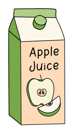 Doodle cartoon style apple juice in a box pack. Refreshing healthy natural drink, cocktail ingredient. For card, stickers, posters, bar menu or cook book recipe.のイラスト素材