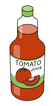 Doodle cartoon style red tomato juice in a bottle. Refreshing healthy natural drink, cocktail ingredient. For card, stickers, posters, bar menu or cook book recipe.のイラスト素材