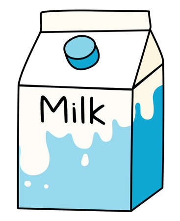 Doodle cartoon style box pack of milk. Natural healthy diary product, cocktail ingredient. For card, stickers, posters, bar menu or cook book recipeのイラスト素材
