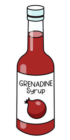 Doodle cartoon style red pomegranate grenadine syrup in a bottle. Sweet sugar cocktail ingredient. For card, stickers, posters, bar menu or cook book recipe.のイラスト素材