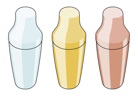 French gold silver copper Shaker bar accessory. Hand-drawn doodle cartoon style vector image. For bartender website design, cocktail making process illustrationのイラスト素材