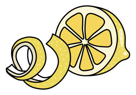 Yellow lemon and citrus fruits zest twist doodle cartoon style vector illustration. For menu, farmers market design, cocktail making process illustration, cookbook decoration etc.のイラスト素材