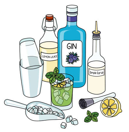 Doodle cartoon gin basil smash cocktail and ingredients composition. A bottle of gin, sugar syrup, lemon juice and ice scoop. For bar menu, stickers or alcohol cook book recipe.のイラスト素材