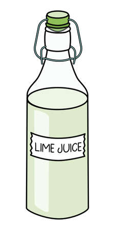 Doodle cartoon style lime juice in a swing top bottle with stopper. Yellow lime, lemon and sugar syrup home-made cocktail ingredient. For card, stickers, posters, bar menu or cook book recipe.のイラスト素材