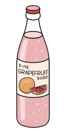 Doodle cartoon style pink grapefruit soda. Paloma cocktail main ingredient, refreshing soft drink. For card, stickers, posters, bar menu or cook book recipe.のイラスト素材