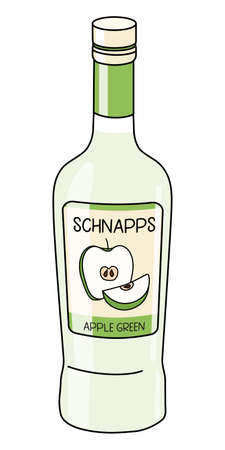 Green apple schnapps in a bottle. Doodle cartoon hipster style vector illustration isolated on white background. For party card, posters, bar menu or alcohol cook bookのイラスト素材