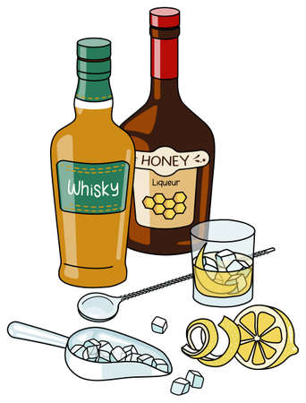 Stylish doodle cartoon Rusty Nail cocktail composition. Honey liquor and whisky bottles, ice scoop and lemon fruit. For bar menu, cook book recipe, stickers or cardsのイラスト素材