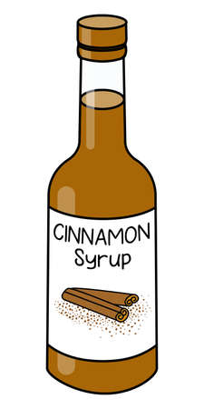 Doodle cartoon style cinnamon syrup in a bottle. Sweet sugar breakfast pancake topping or cocktail ingredient. For card, stickers, posters, bar menu or cook book recipeのイラスト素材