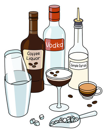 Stylish hand-drawn doodle cartoon style Espresso Martini cocktail composition. A bottle of vodka and coffee liquor, sugar syrup and shaker. Good for bar menu, cook book recipe, stickers or cards.のイラスト素材