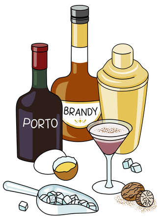 Stylish hand-drawn doodle cartoon style Porto Flip cocktail composition. A bottle of brandy and port wine liquor, fresh eggs and grated nutmeg. Good for bar menu, cook book recipe, stickers or cards.のイラスト素材