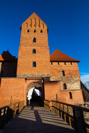 Trakai, Lithuania - 01 08 22: Island Castle in winter in sunny weather