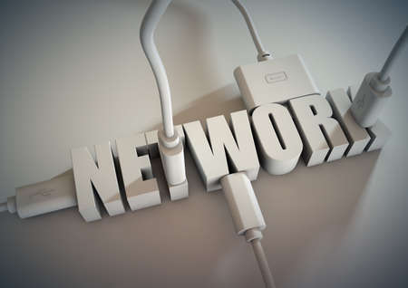 Computer cables and wires plug into network titleの写真素材