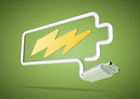 Computer cable and plug bends to make the shape of a battery icon with an electrical lightening bolt.の写真素材