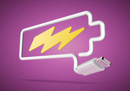 Computer cable and plug bends to make the shape of a battery icon with an electrical lightening bolt.の写真素材