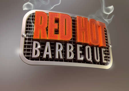 Red Hot Barbeque title on chrome BBQ grill with smokeの写真素材