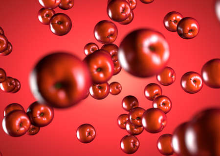A number of juicy red apples fall past the camera against a red backgrond. Great image for fruit packaging, texture or background.の写真素材