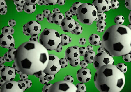 Soccer footballs flying through the air on moody green background. league Sports texture, pattern, background.の写真素材