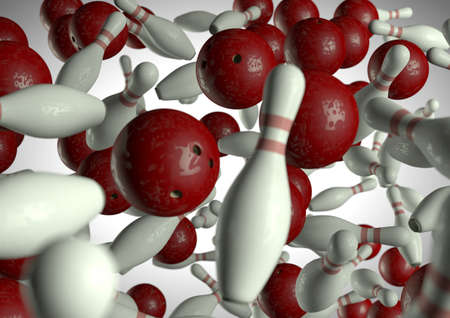 flying bowling balls and pins on white background. Background texture, pattern.の写真素材