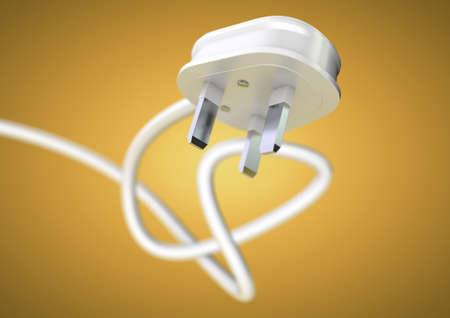 Electrical appliance plug attached to electricity cable. Strong depth of field. White plug and cable coiled isolated. Unplug an electrical appliance plug to save electricity.の写真素材