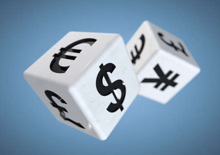 2 dice with currency symbols rolling isolated on background. Concept for financial advice when gambling or taking a chance on the financial stock markets.の写真素材