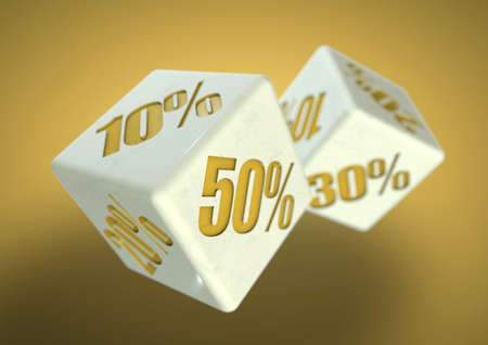 Percentage savings on dice side. Rolling dice to determine the percentage discount you can get. Concept for sale, deal, and discounted savings at shop or store.の写真素材