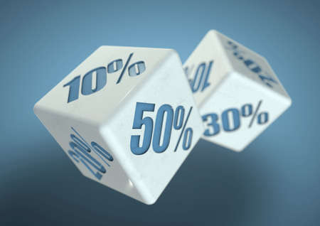 Percentage savings on dice side. Rolling dice to determine the percentage discount you can get. Concept for sale, deal, and discounted savings at shop or store.の写真素材
