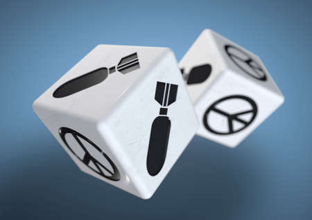 Dice with war and peace symbols on each side. Concept for making a difficult decision about whether to start a war or choose a peaceful resolution.の写真素材