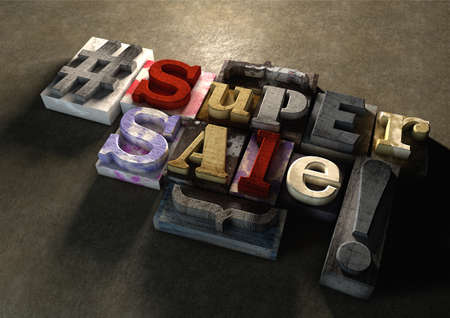Ink splattered printing wood blocks with Super Sale text. Great texture for shop retail sale, deal, or store discount. A grunge graphic typography style textured background with moody lighting.の写真素材