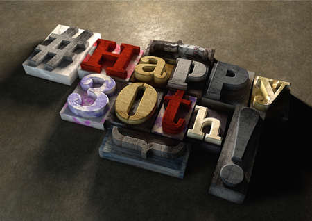 Ink splattered printing wood blocks with grungy Happy 30th birthday typography. Social media hashtag gives a modern edgy graphic design feel. Trendy happy birthday title, for use on birthday card.の写真素材