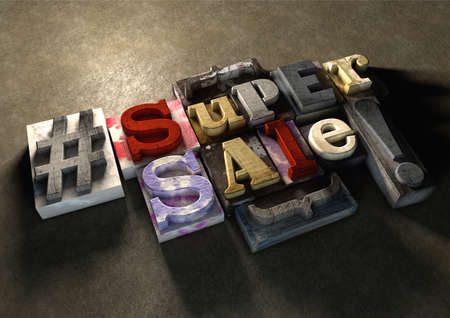Ink splattered printing wood blocks with Super Sale text. Great texture for shop retail sale, deal, or store discount. A grunge graphic typography style textured background with moody lighting.の写真素材