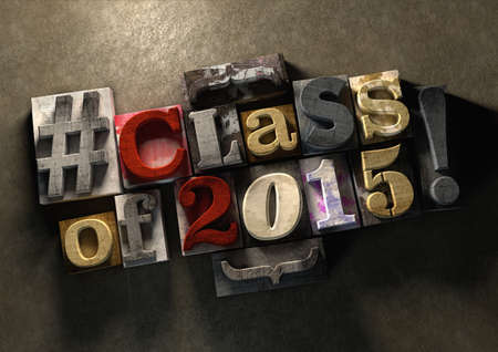 Class Reunion 2015 title on wooden ink splattered printing blocks. Grungy typography on a concrete background. Education themed title for reuniting old school friends and class matesの写真素材