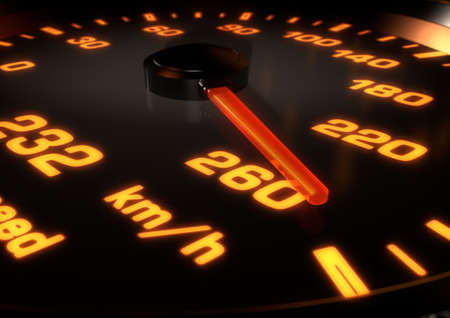 3D Illustration of a Car speedometer with needle up at 260km per hour. Bright orange lights and...