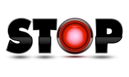 Bright red traffic light used to make the text word Stop! Concept for warning, danger, stopping, halting and ending your journey!の写真素材