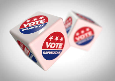 Illustration of rolling dice with vote republican and vote democrat icons on the faces. Concept for...