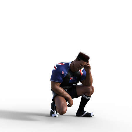 3D Illustration of Rugby Player crouch in despair as his team loses the championship rugby match. Stylized rugby character super hero.の写真素材