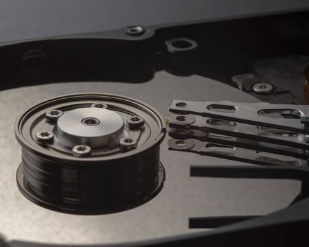 Closeup of an open computer hard drive.の写真素材