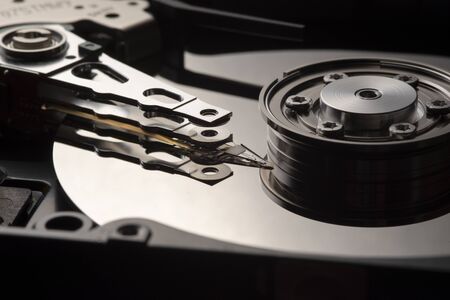 Closeup of an open computer hard drive.の写真素材