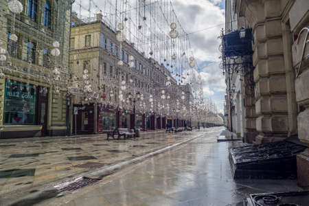 Moscow, Russia, April 5, 2020. Coronavirus Quarantine, Covid-19, in Moscow. Empty streets in the city center. Nikolskaya streetのeditorial素材