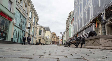 Russia, Moscow, May 2020. City center, Street Kuznetsk bridge. Empty streets of the city. Spring day. Pedestrian street with a few passers-byのeditorial素材
