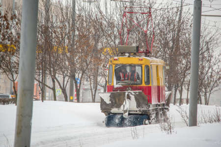 Moscow, Russia, February 13, 2021: A special tram vehicle clears a path in Moscow during a snowstorm that blocked all major roads in Moscowのeditorial素材