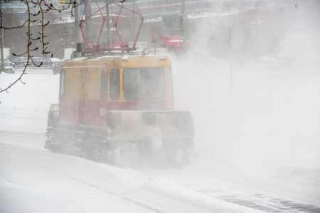 Moscow, Russia, February 13, 2021: A special tram vehicle clears a path in Moscow during a snowstorm that blocked all major roads in Moscowのeditorial素材