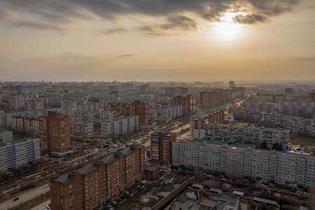 Tolyatti, Russia - April 8, 2021: Sunset over the city of Togliatti overlooking the Avtozavodsky...