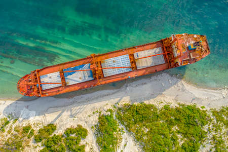 Dry cargo ship RIO on the shore left after a shipwreck, Kabardinka, Russiaの写真素材