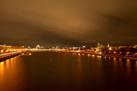 Night view of Moskovskva, the Moskva River, the embankment and traffic lights from the Andreevsky Bridge. Long exposureの写真素材