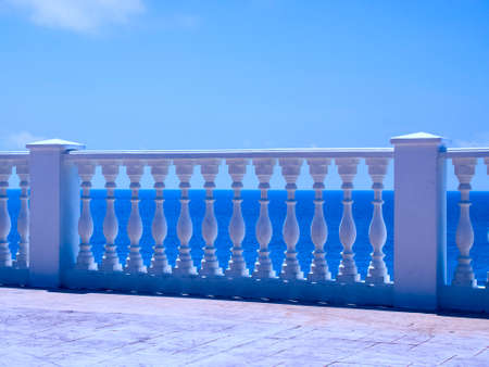 Summer view with classic white balustrade and empty terrace overlooking the sea, Russiaの写真素材