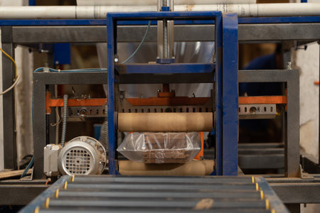 The process of packaging products in transparent polyethylene film. Equipment in blue and orange...